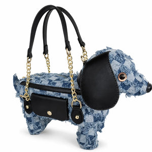 Berry-Sweet Denim Dachshund Distressed Patchwork Bag