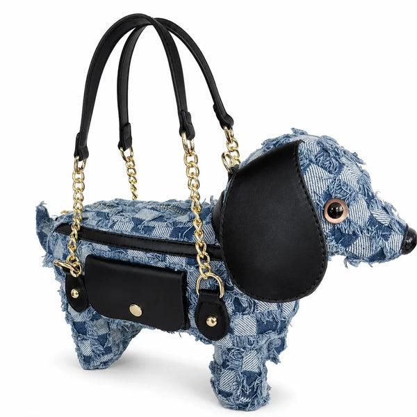 Berry-Sweet Denim Dachshund Distressed Patchwork Bag