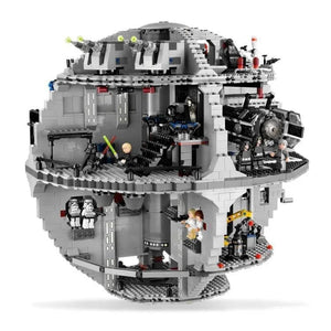 Two views of a detailed model resembling the Death Star from Star Wars, made from interlocking bricks.