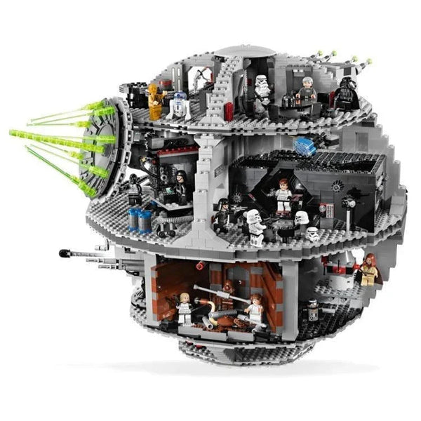 LEGO model of a spaceship and Death Star on a white background