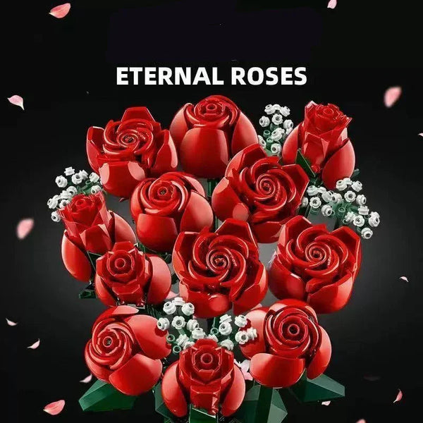 Bouquet of red roses with white flowers on a black background, featuring the text 'ETERNAL ROSES'.