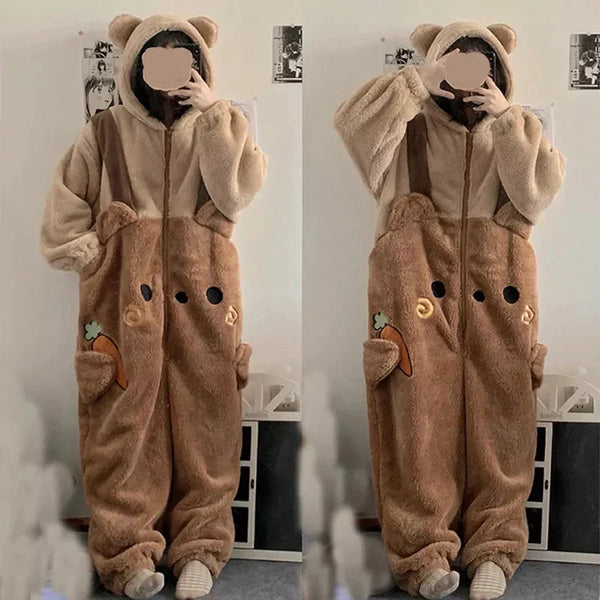 Kawaii Cute Hooded Ears Brown Bear Warm Fluffy Onesie - Bear Hugs