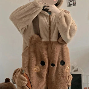 Kawaii Cute Hooded Ears Brown Bear Warm Fluffy Onesie - Bear Hugs