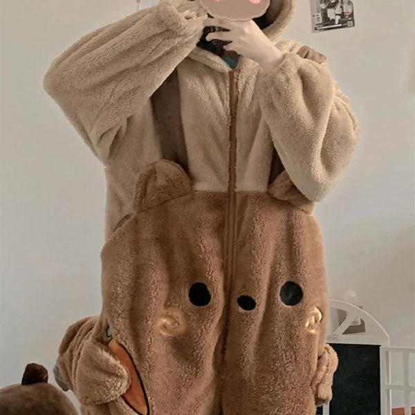 Kawaii Cute Hooded Ears Brown Bear Warm Fluffy Onesie - Bear Hugs