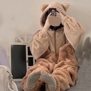 Kawaii Cute Hooded Ears Brown Bear Warm Fluffy Onesie - Bear Hugs