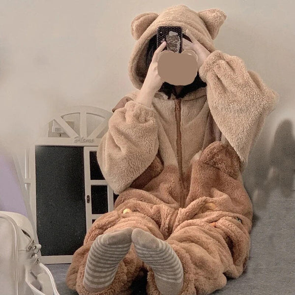 Kawaii Cute Hooded Ears Brown Bear Warm Fluffy Onesie - Bear Hugs