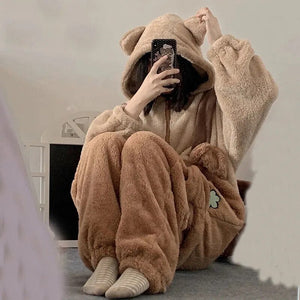 Kawaii Cute Hooded Ears Brown Bear Warm Fluffy Onesie - Bear Hugs