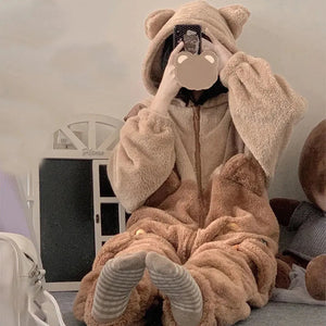 Kawaii Cute Hooded Ears Brown Bear Warm Fluffy Onesie - Bear Hugs