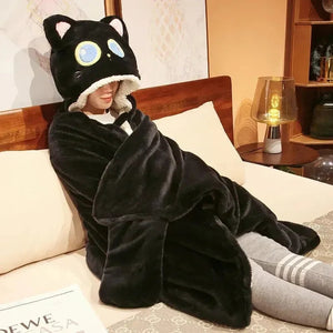 Black Cat Green Dino Plush Cape Hoodie Blanket - Bear Hugs
