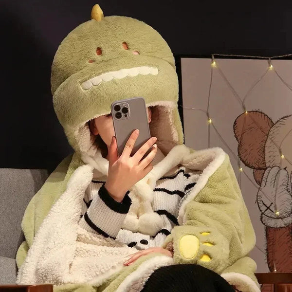 Black Cat Green Dino Plush Cape Hoodie Blanket - Bear Hugs
