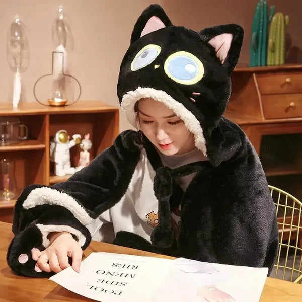 Black Cat Green Dino Plush Cape Hoodie Blanket - Bear Hugs