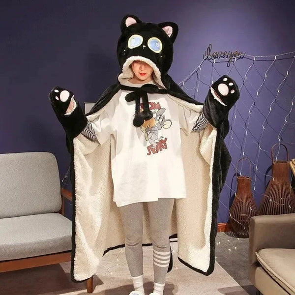 Black Cat Green Dino Plush Cape Hoodie Blanket - Bear Hugs