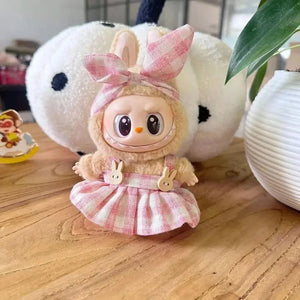 Handmade Labubu Plaid Pink Green Dress Outfit with Accessories - Bear Hugs