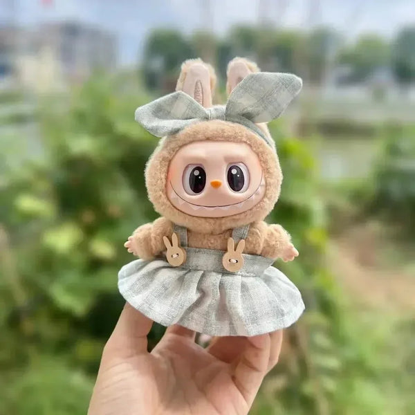 Handmade Labubu Plaid Pink Green Dress Outfit with Accessories - Bear Hugs