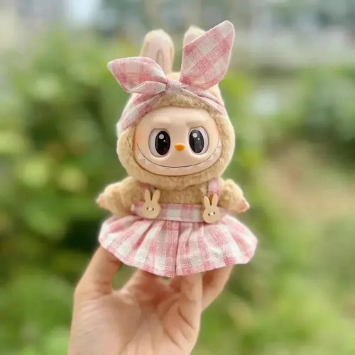 Handmade Labubu Plaid Pink Green Dress Outfit with Accessories - Bear Hugs