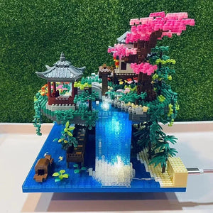 Waterfall Japanese House Sakura Tree Floating Island Nano Building Blocks | Limited Stock - Bear Hugs