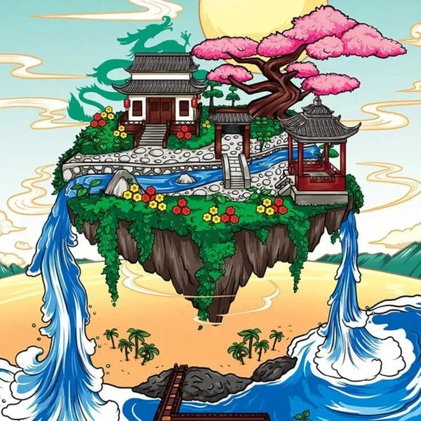 Waterfall Japanese House Sakura Tree Floating Island Nano Building Blocks | Limited Stock - Bear Hugs
