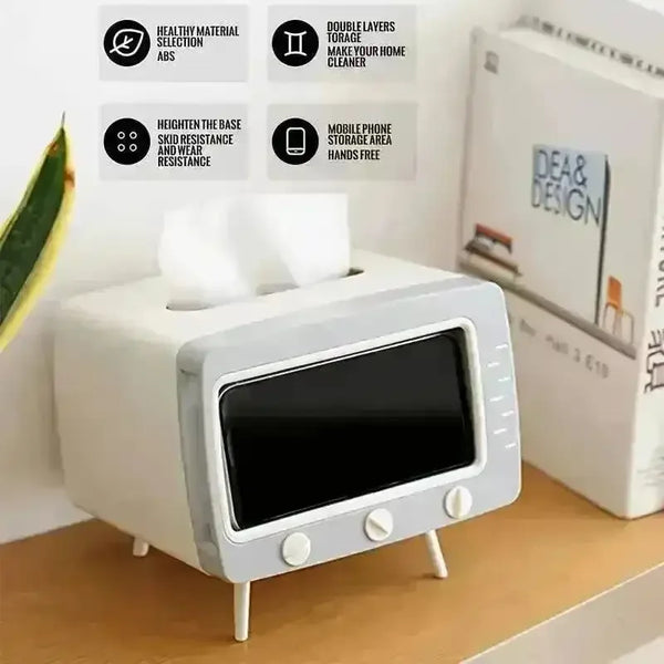 Retro TV-Inspired Tissue Box & Mobile Phone Dock - Bear Hugs